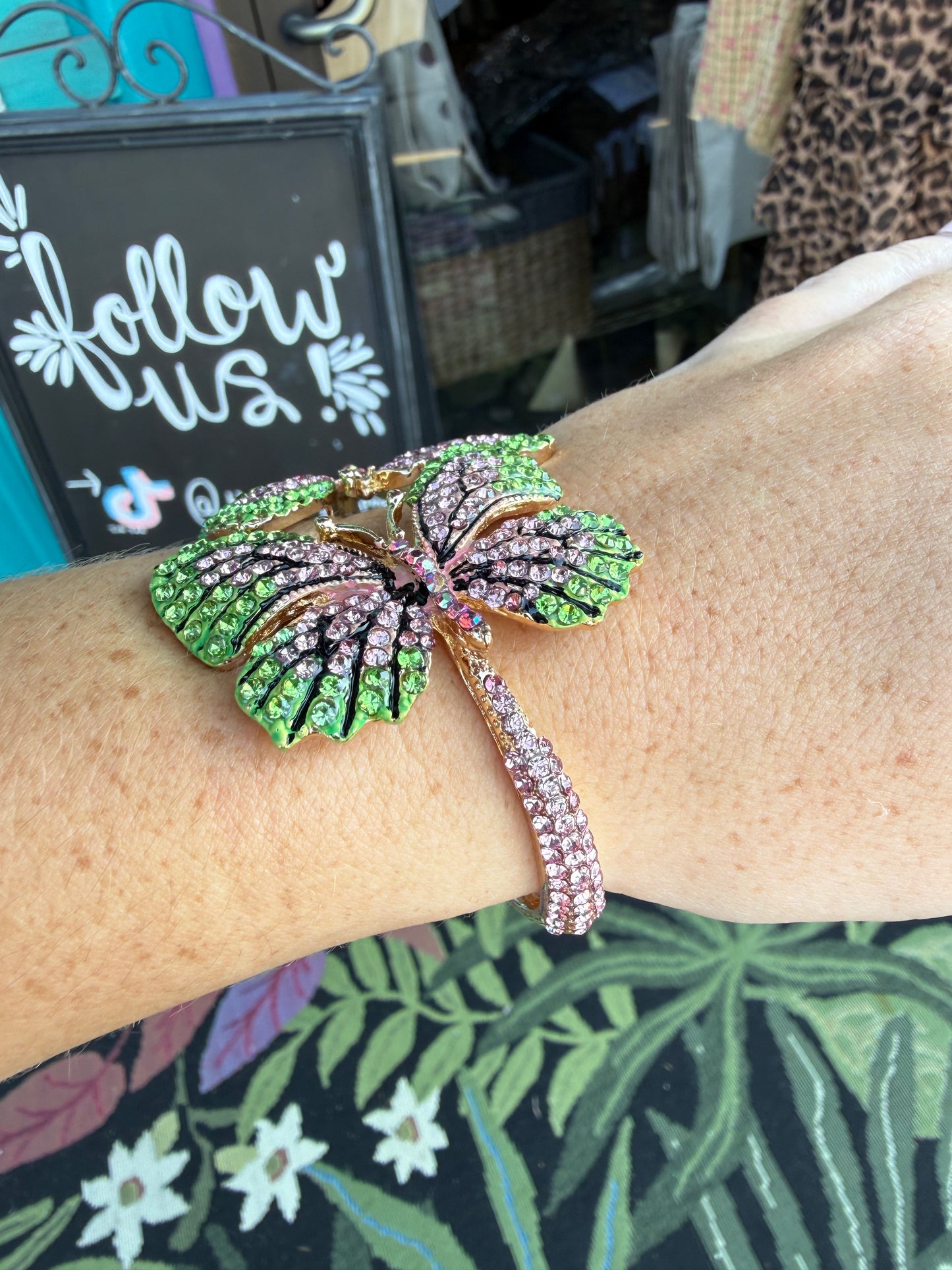 Rhinestone Embellished Double Butterfly Hinged Bangle Bracelet