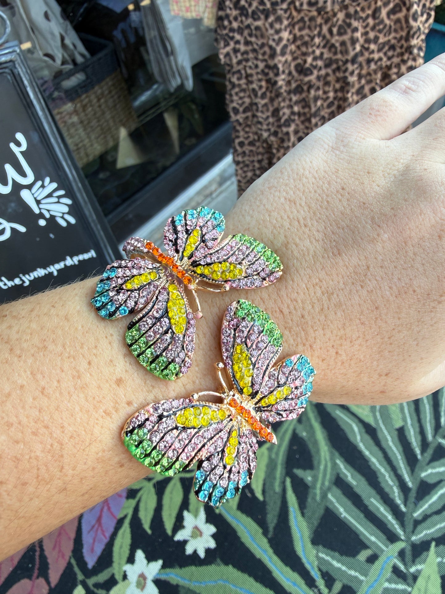 Rhinestone Embellished Double Butterfly Hinged Bangle Bracelet