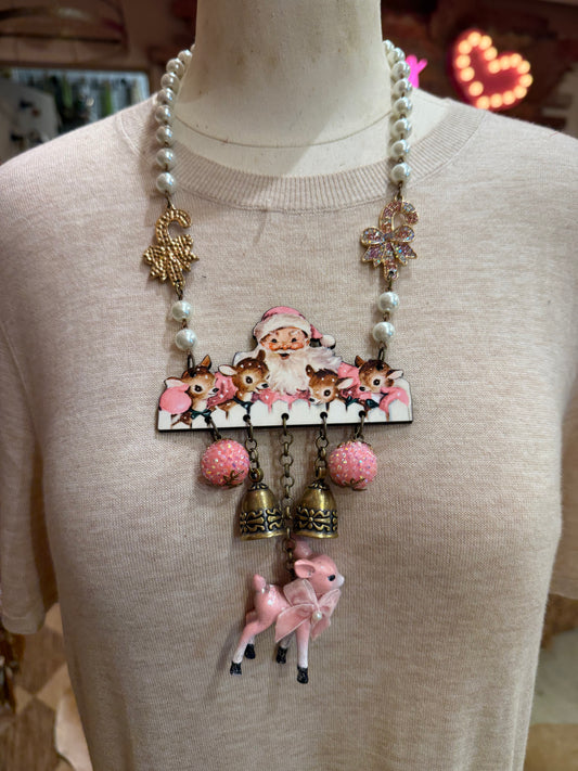 Pink Santa & Reindeer Necklace ￼
