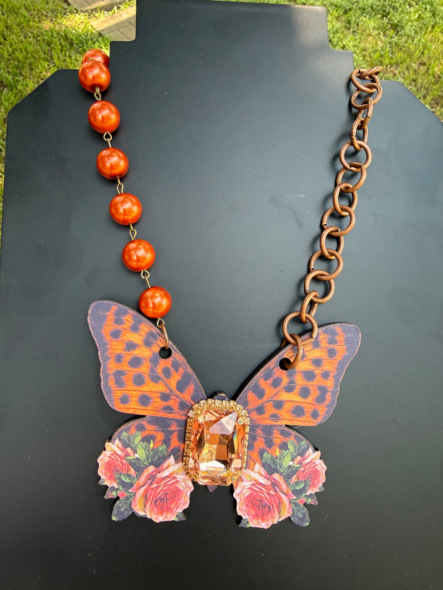 Orange Emerald Cut Leopard Butterfly Necklace