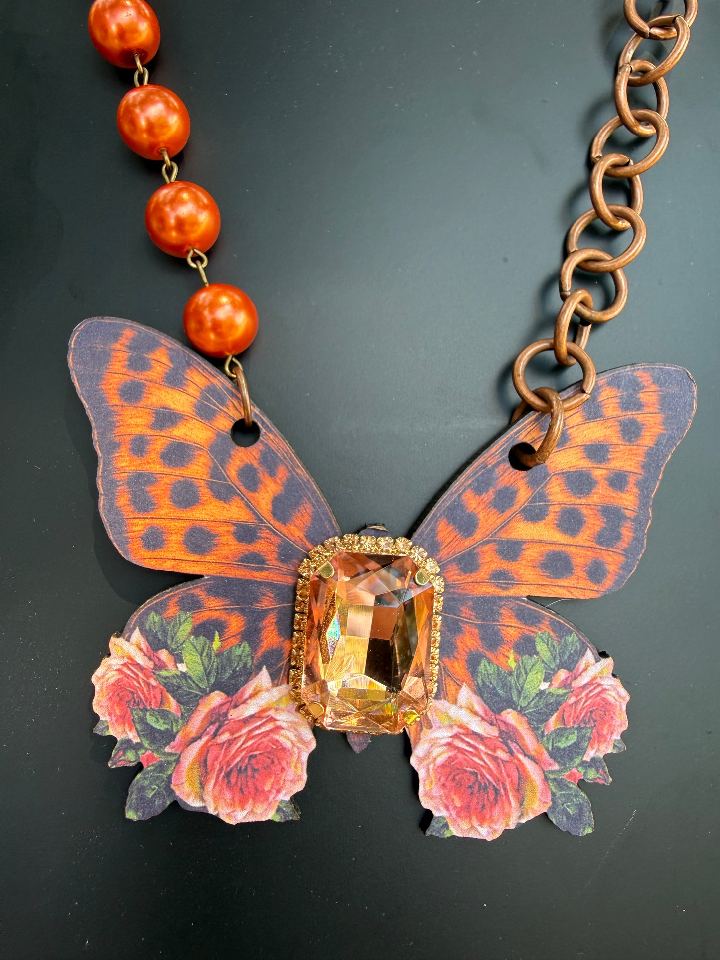 Orange Emerald Cut Leopard Butterfly Necklace