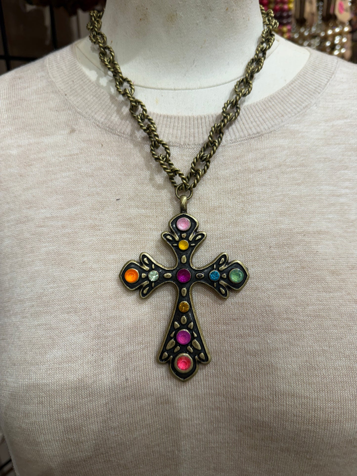 Multi Color Crystal Cross Necklace