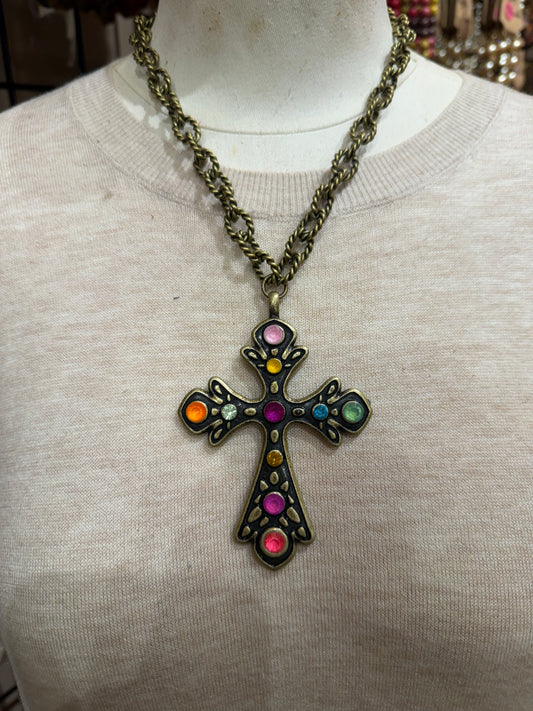 Multi Color Crystal Cross Necklace
