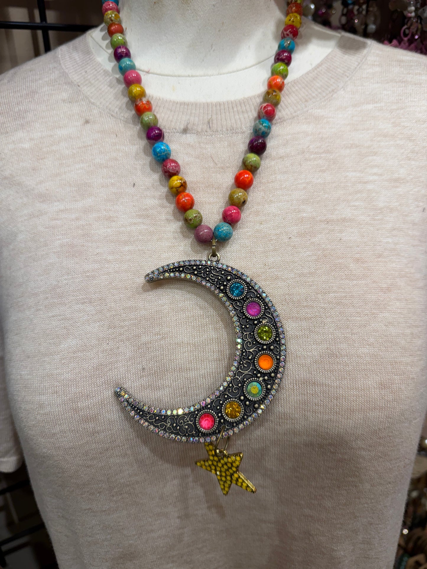Multi Beaded Moon & Star Necklace