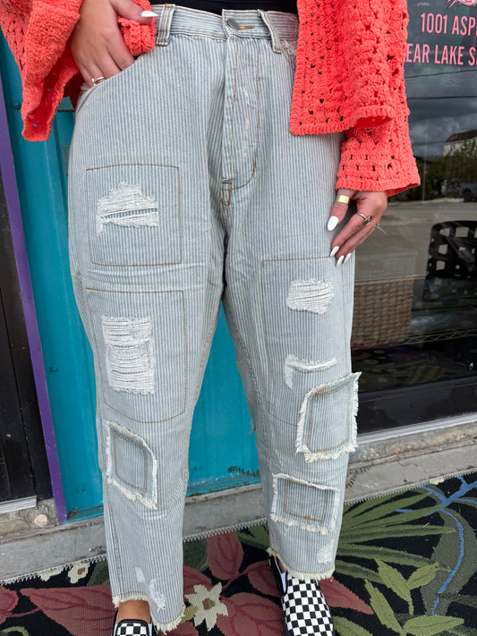 High Rise Ankle Length Distressed Pinstripe Jeans