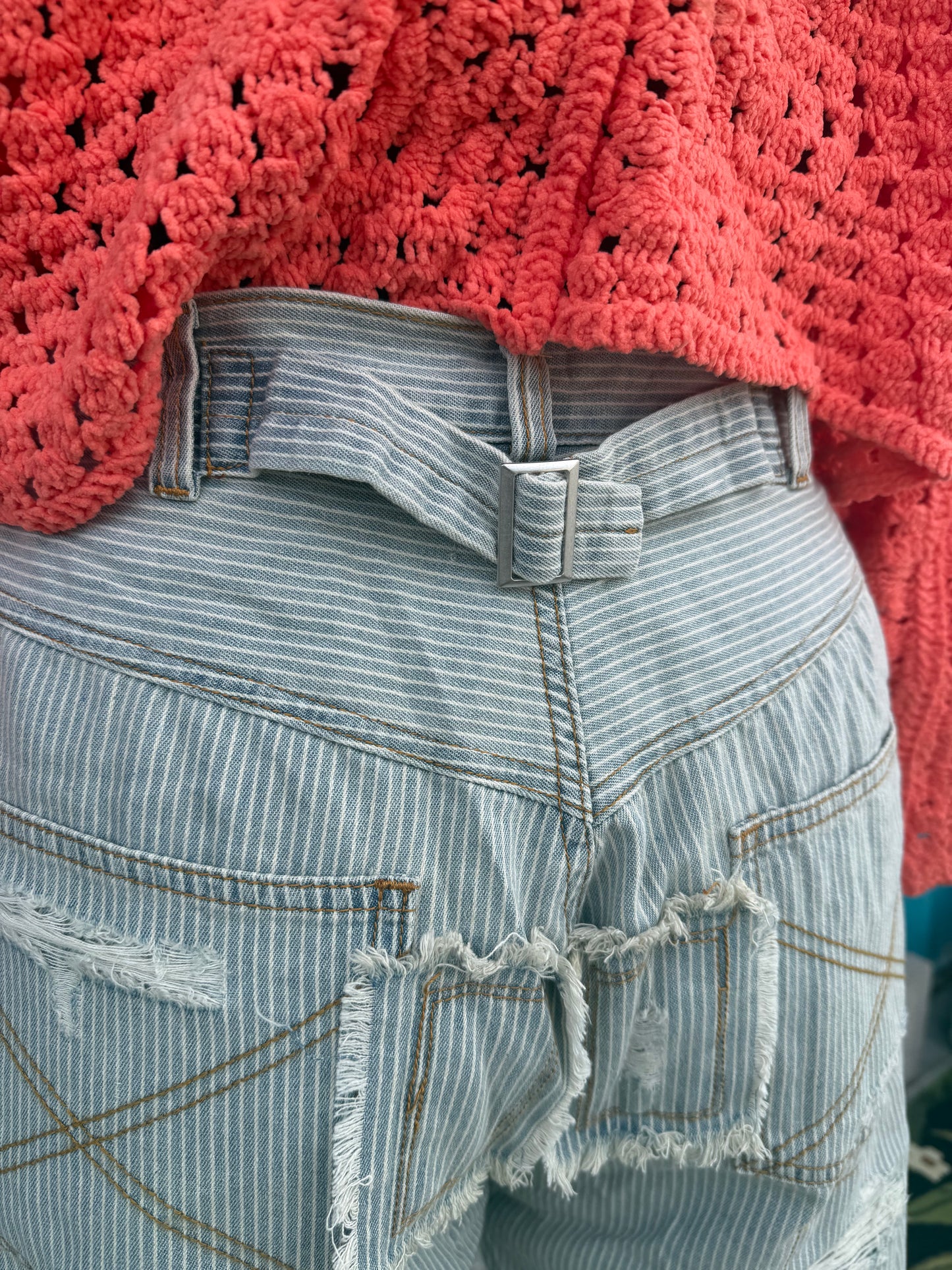 High Rise Ankle Length Distressed Pinstripe Jeans