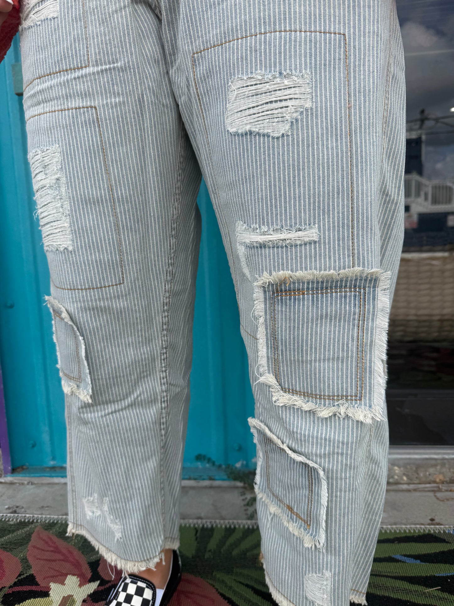 High Rise Ankle Length Distressed Pinstripe Jeans
