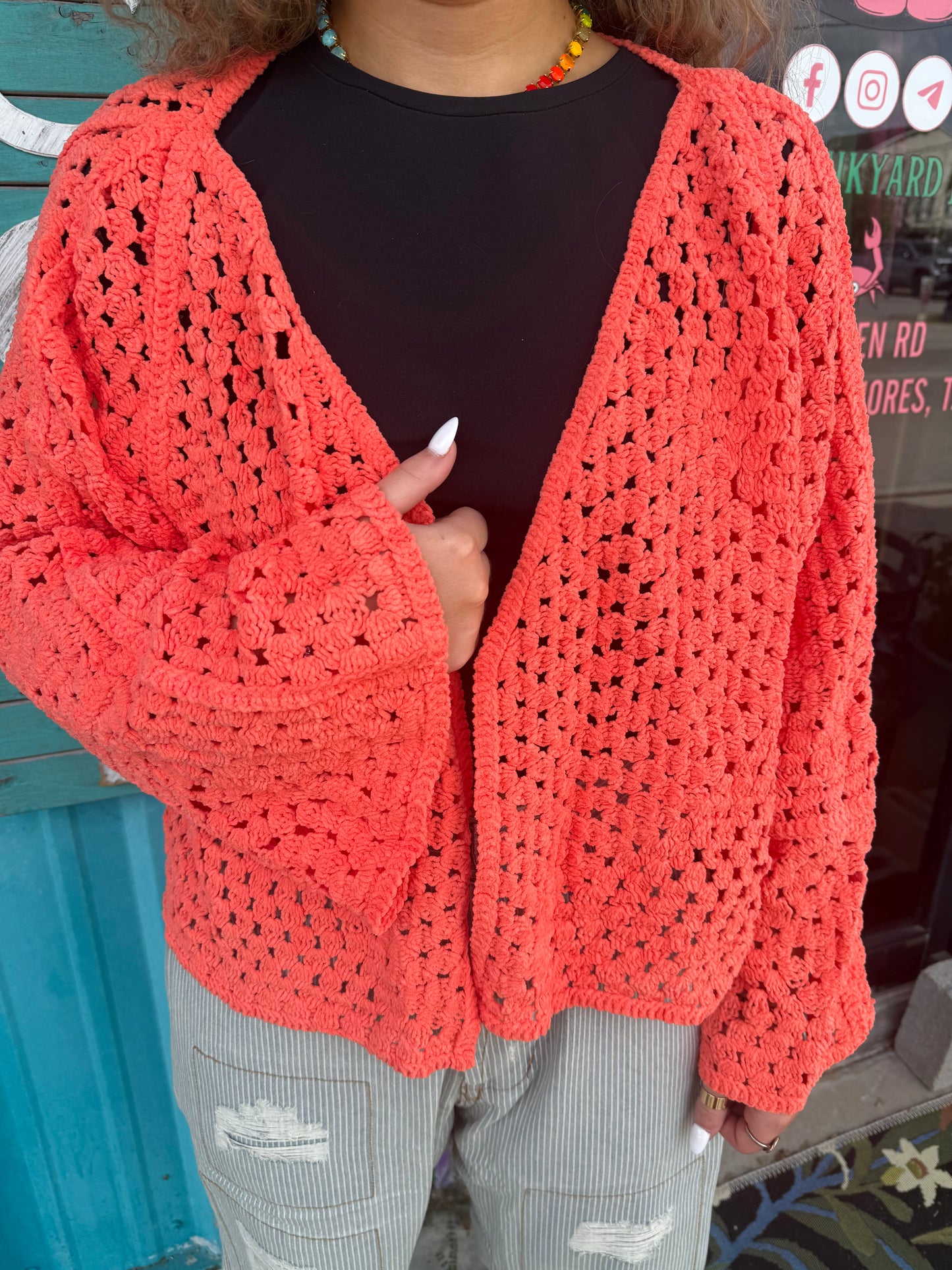 Long Sleeve Chenille Varied Crochet Pattern Open Cardigan