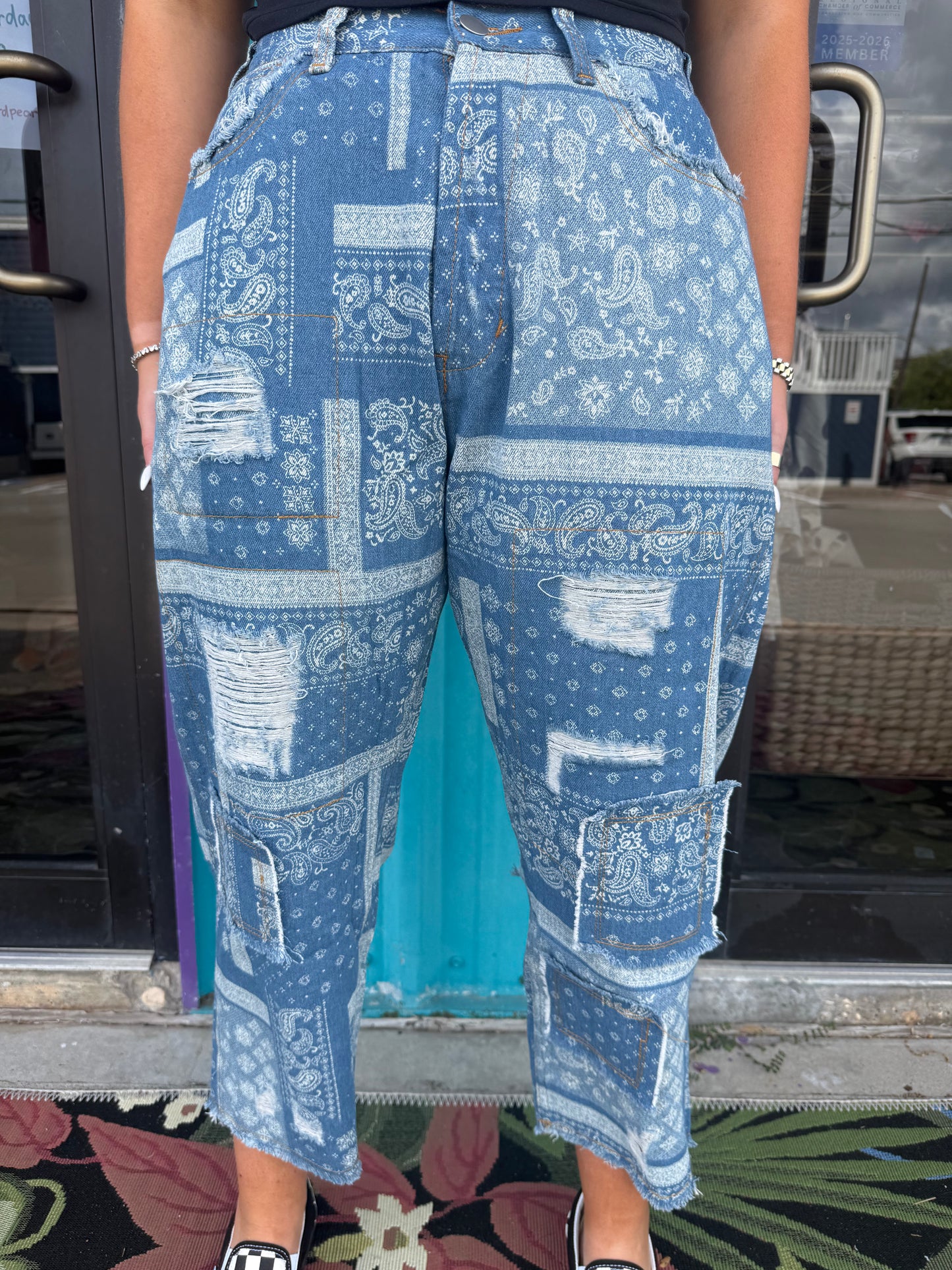 High Rise Ankle Length Distressed Paisley Jeans