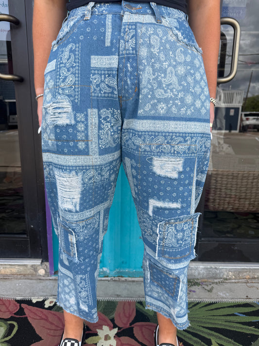 High Rise Ankle Length Distressed Paisley Jeans
