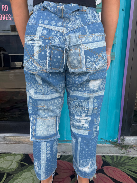High Rise Ankle Length Distressed Paisley Jeans