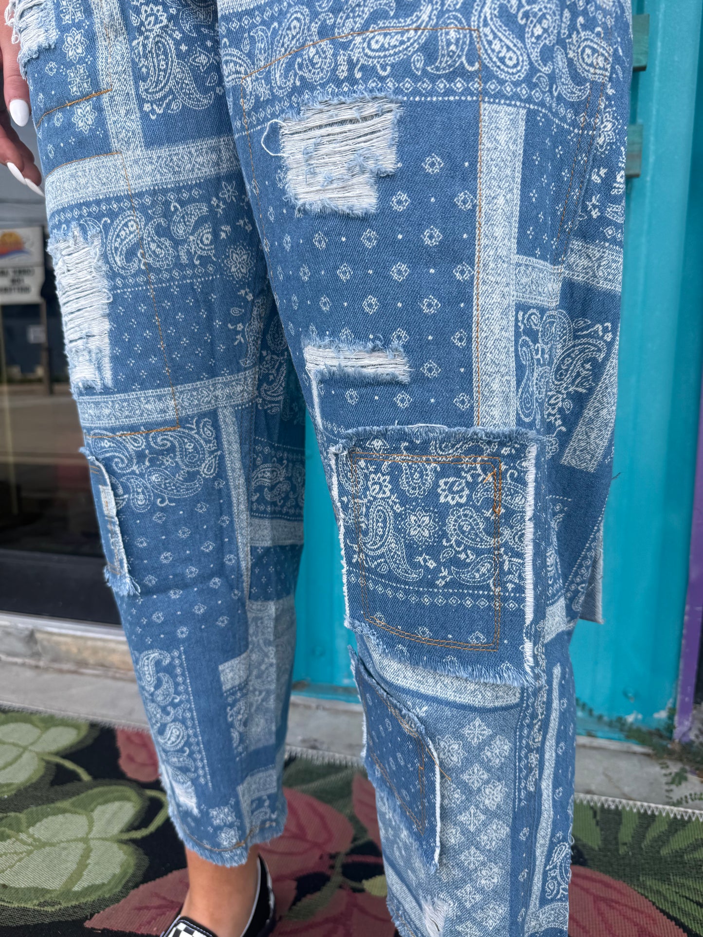 High Rise Ankle Length Distressed Paisley Jeans