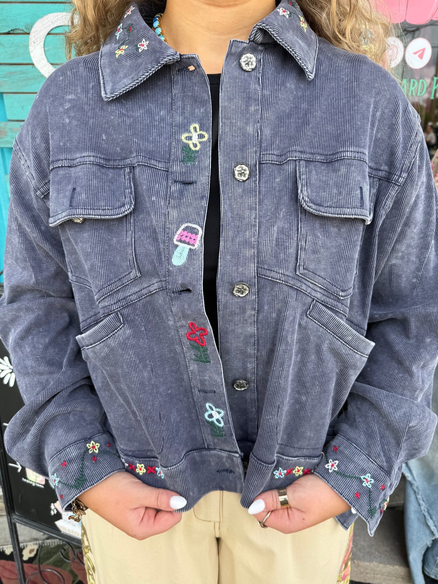 Floral Handcraft Embroidered Vintage Wash Terry Jacket