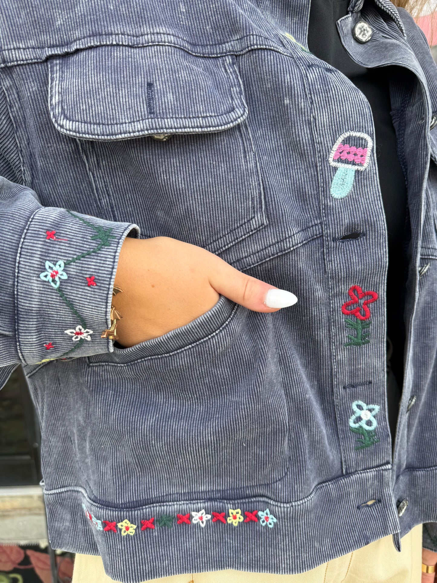 Floral Handcraft Embroidered Vintage Wash Terry Jacket