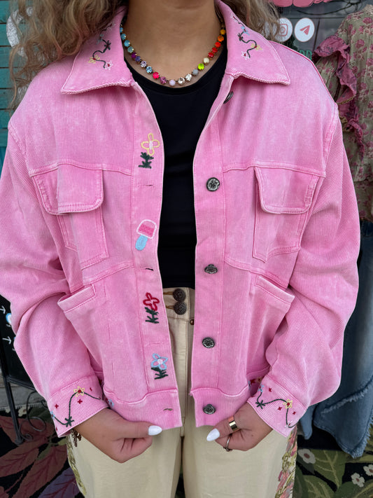 Floral Handcraft Embroidered Vintage Wash Terry Jacket