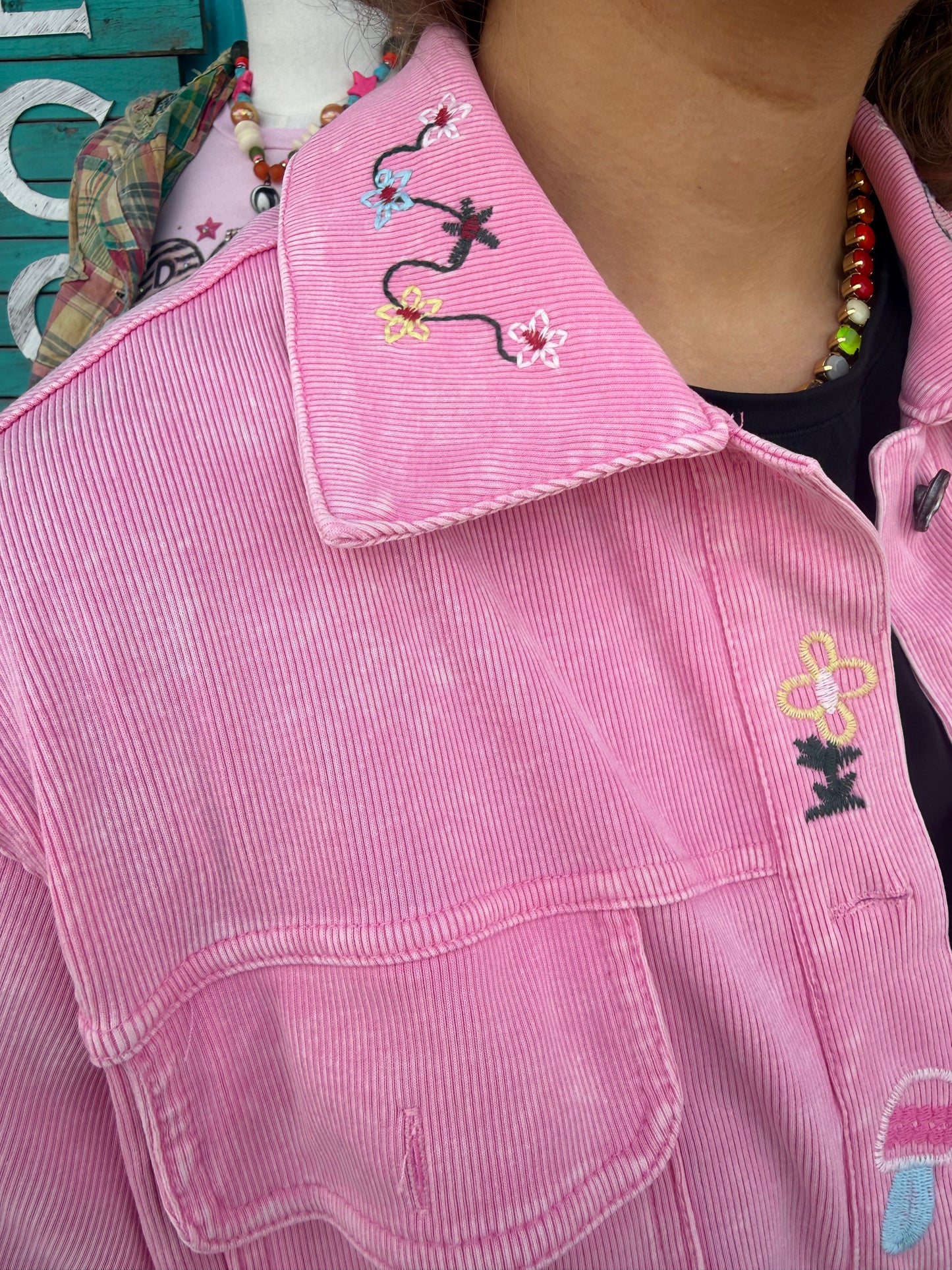 Floral Handcraft Embroidered Vintage Wash Terry Jacket