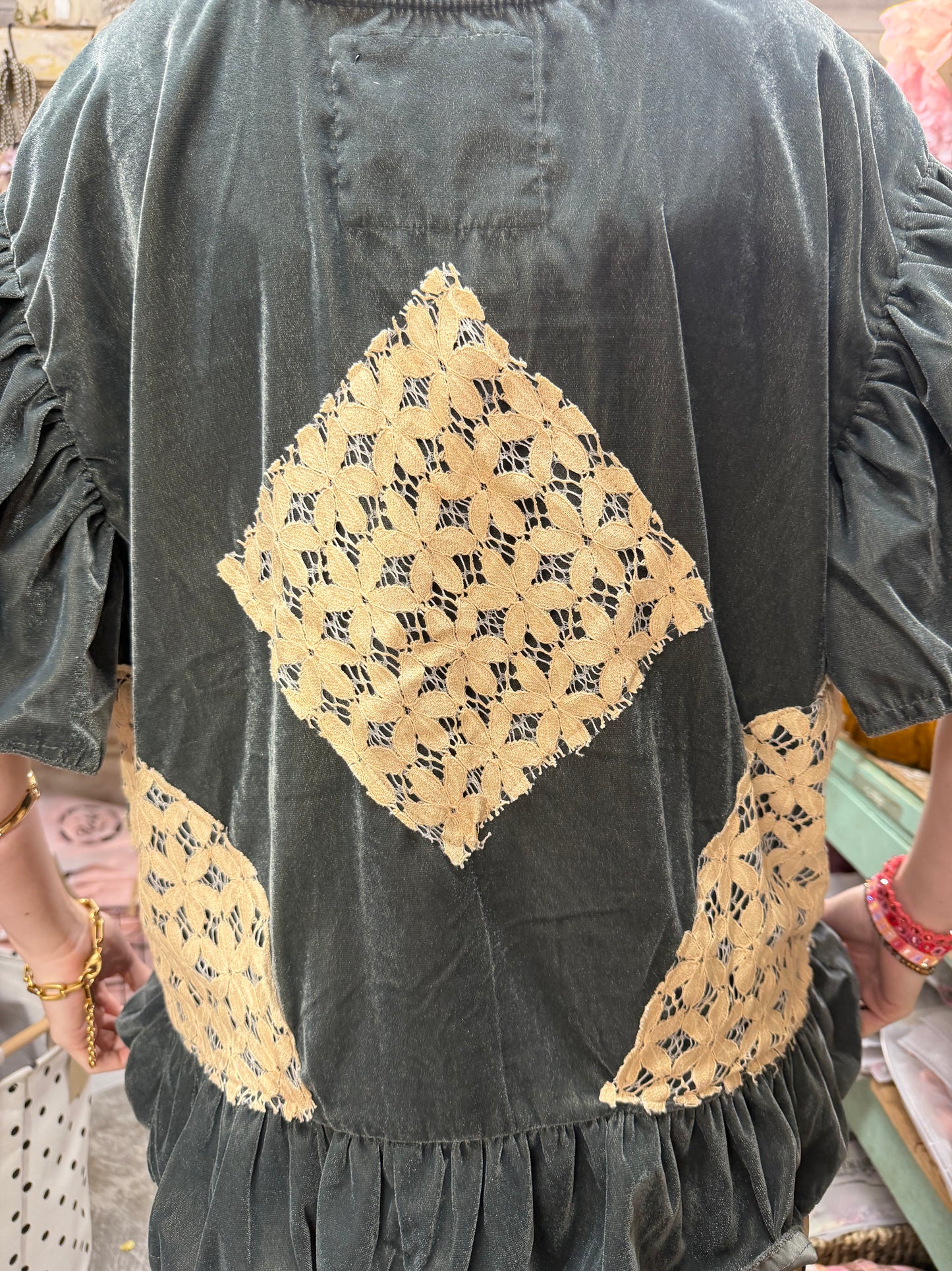 Grey Velvet Crocheted Button Top