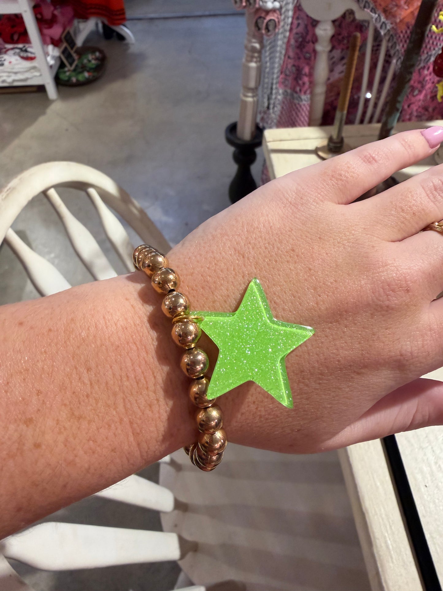 Gold Bead & Green Star Stretch Bracelet