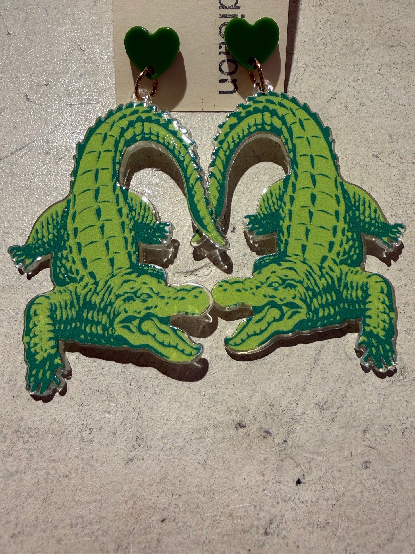Green Alligator Heart Earrings