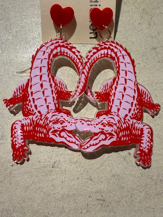 Pink & Red Alligator Heart Earrings