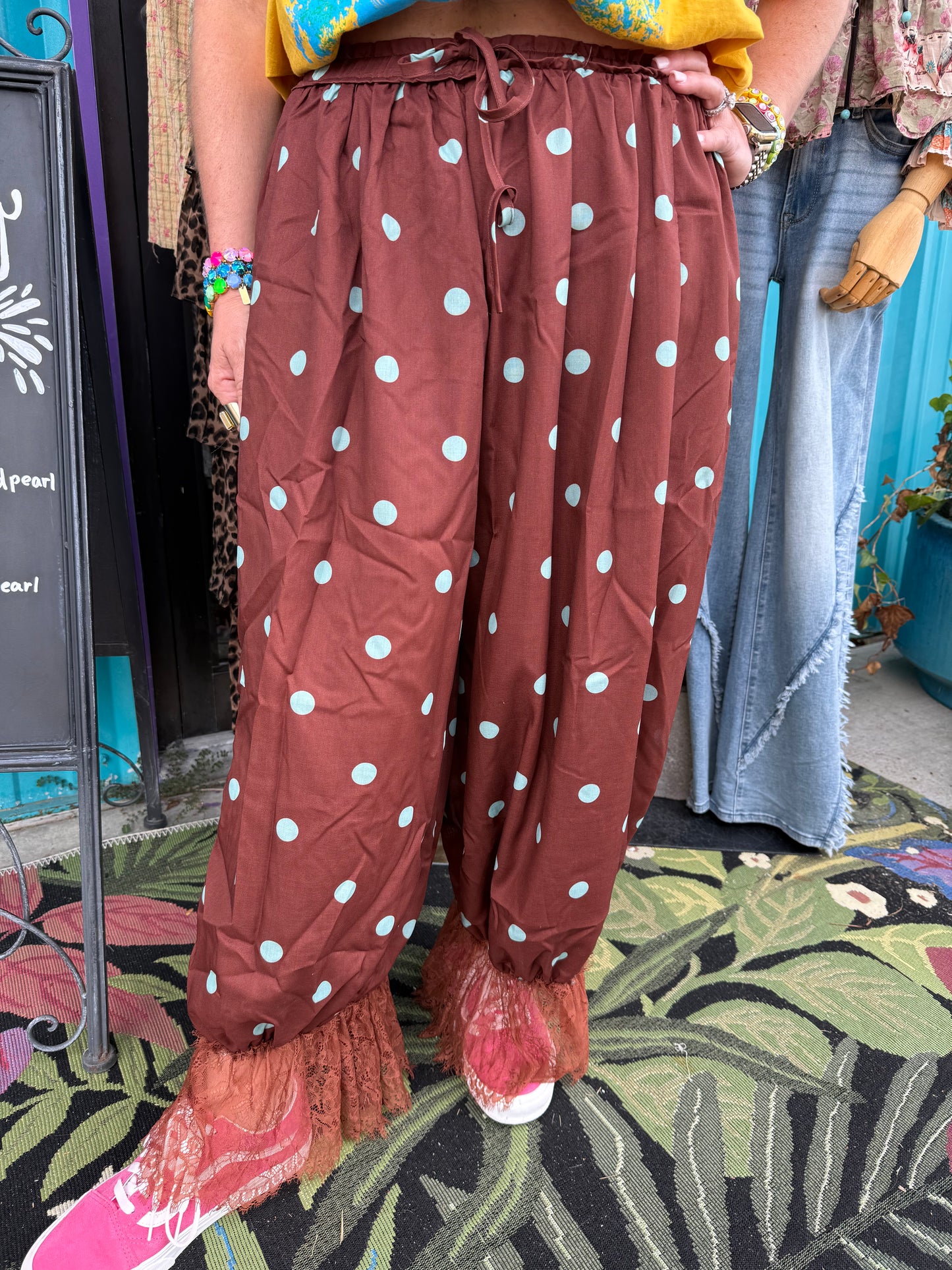 POLKA DOT PRINT LACE TRIM PANTS