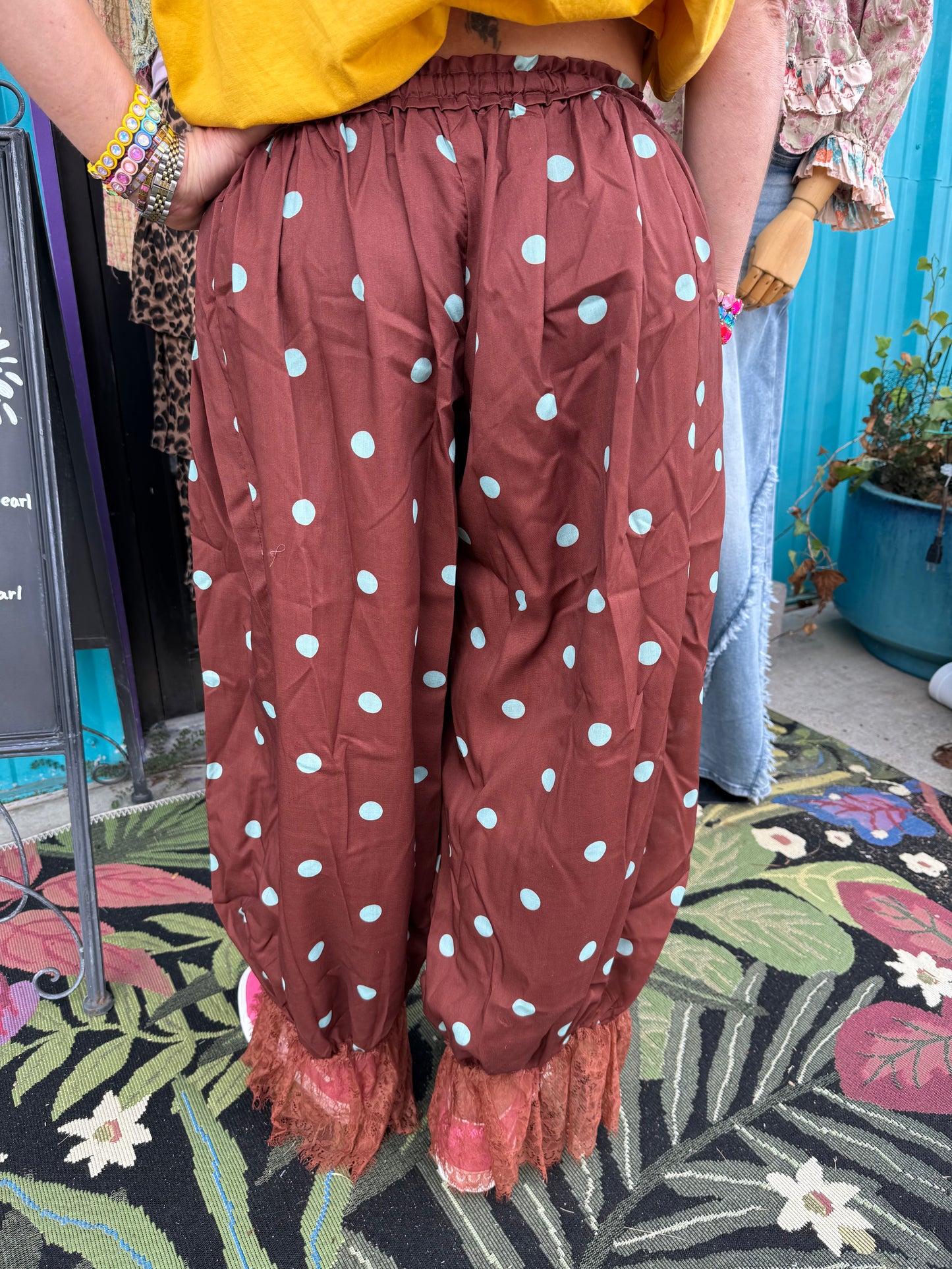 POLKA DOT PRINT LACE TRIM PANTS