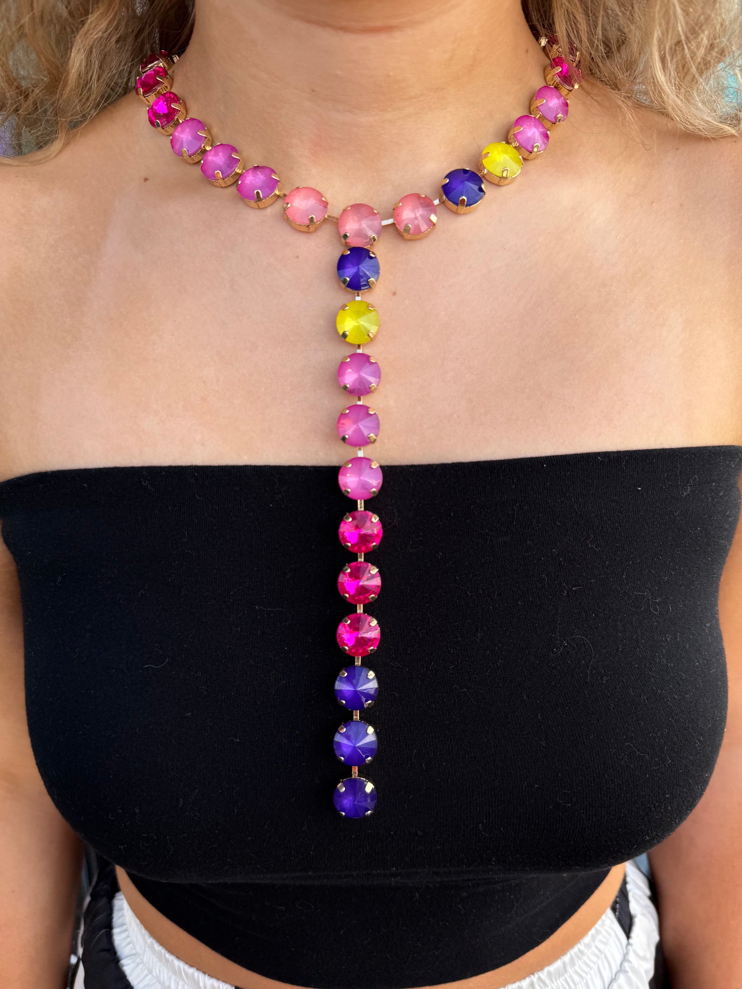 Multicolor Round Gem Link Y-Drop Statement Necklace