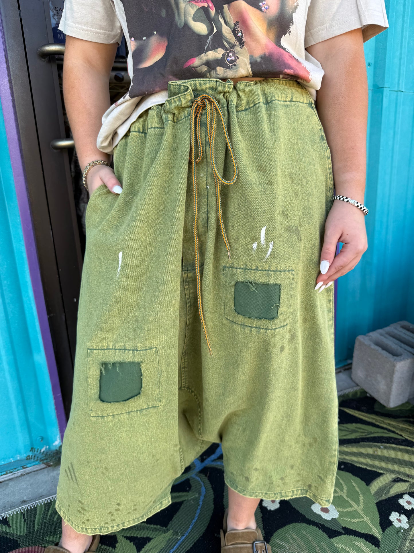 Army green earth song denim harem pants