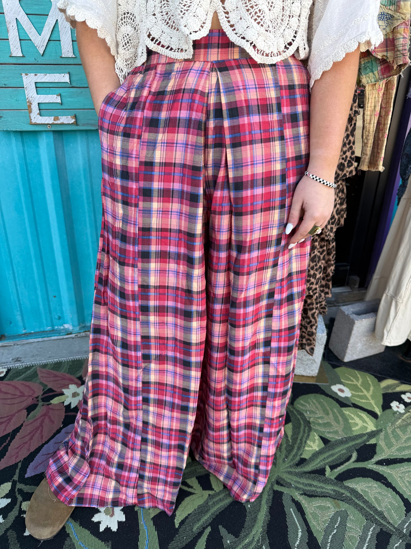 PLAID WIDE LEG PANTS