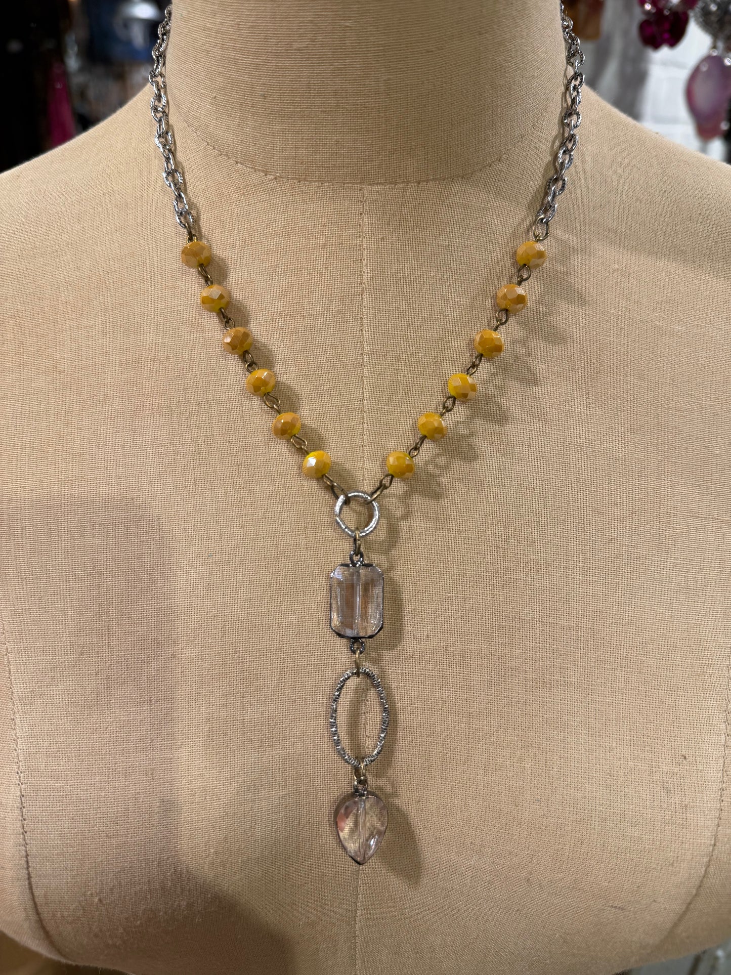 Yellow Bead Clear Drop Necklace