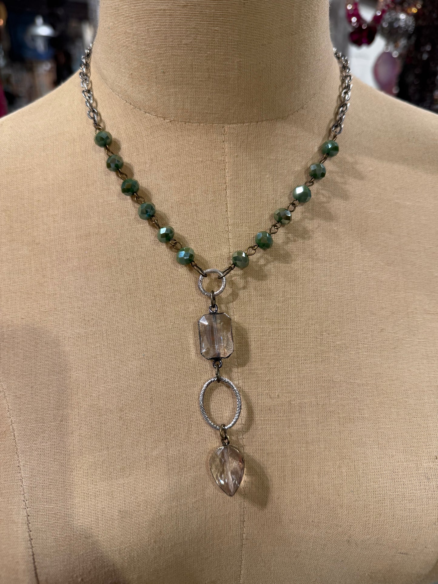 Green Bead Clear Drop Necklace