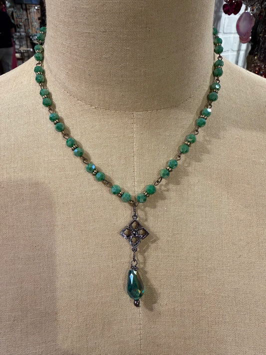 Green Bead & Crystal Drop Necklace
