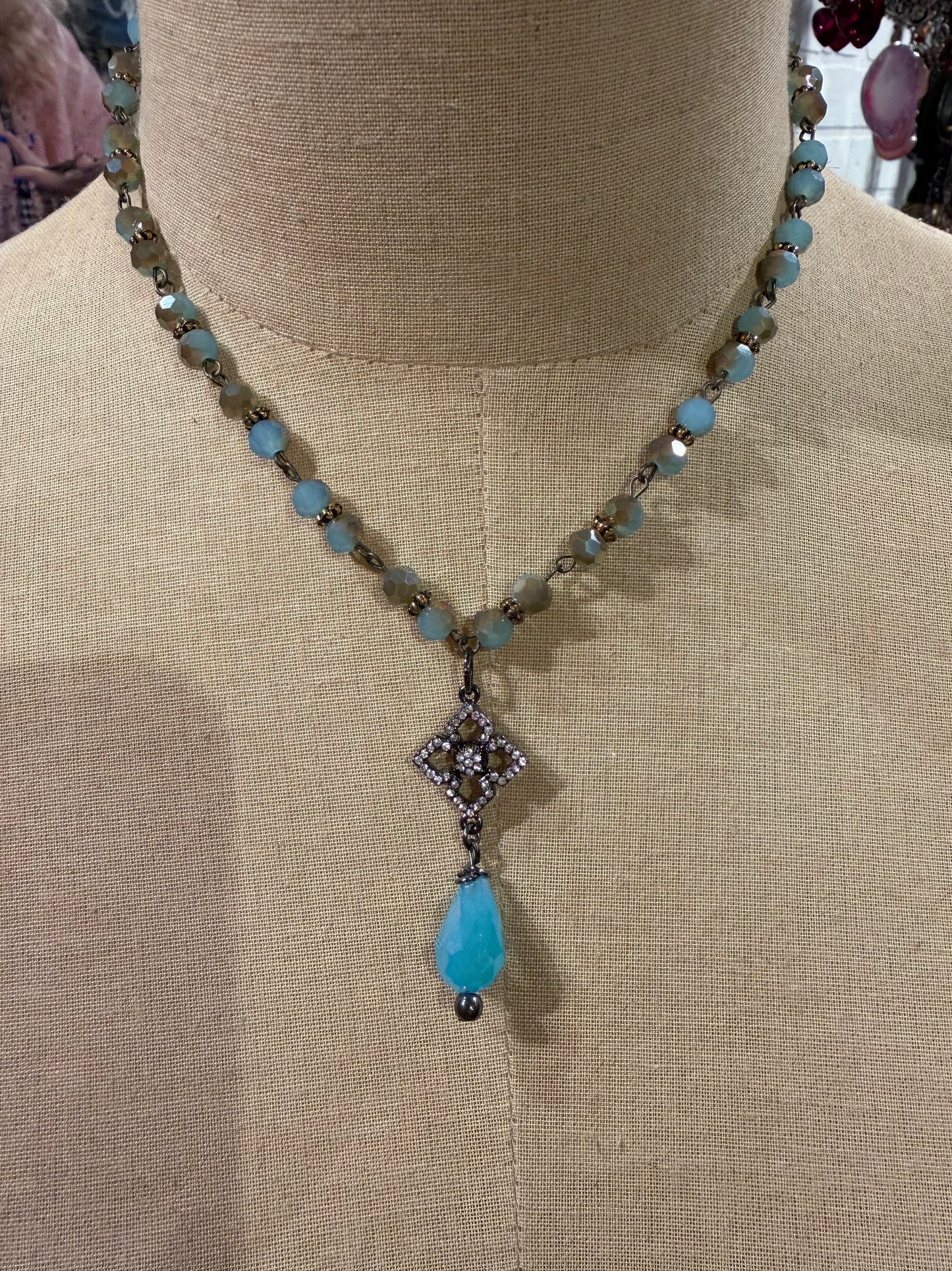 Blue Bead & Crystal Drop Necklace