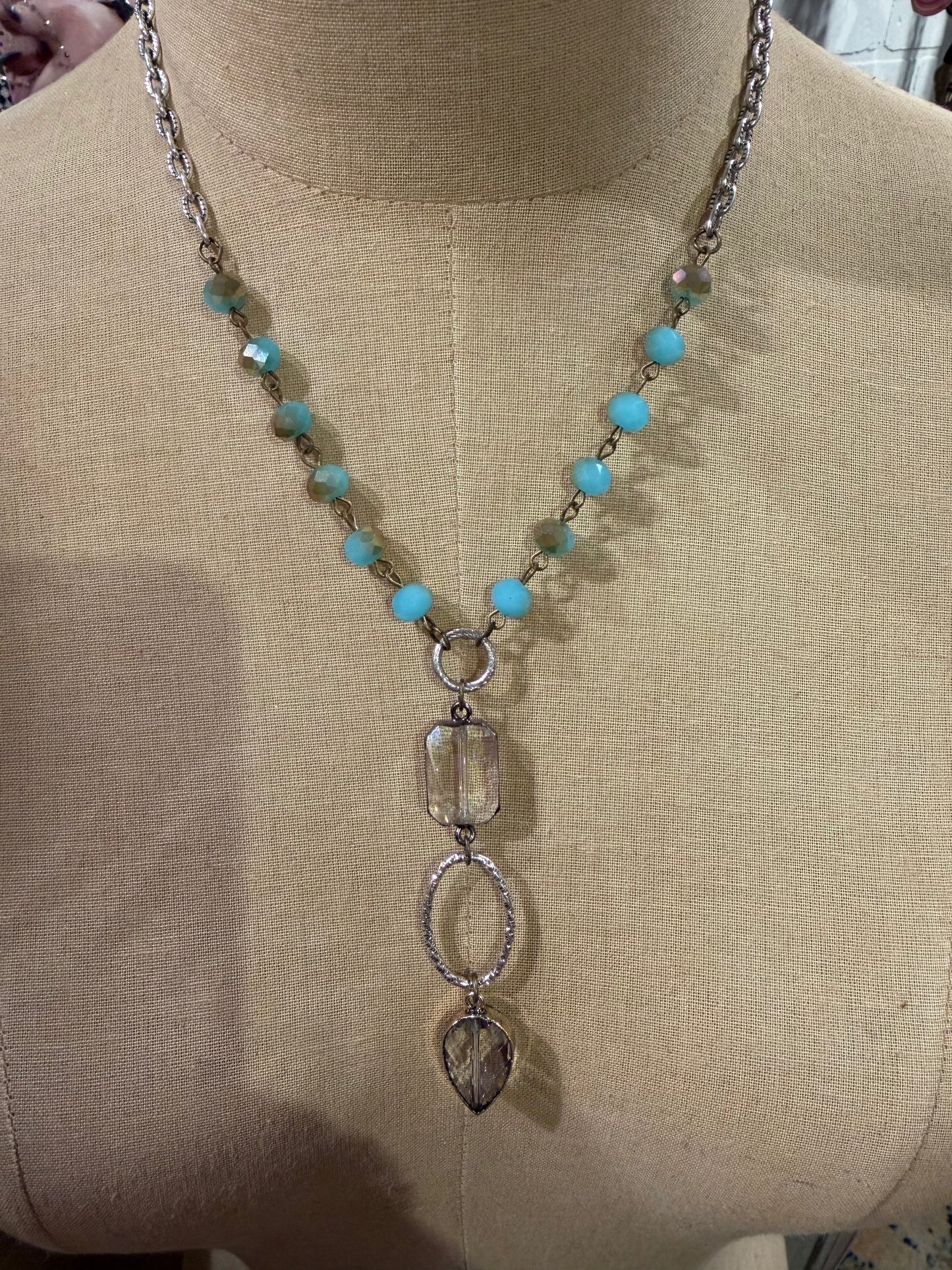 Blue Bead Clear Drop Necklace