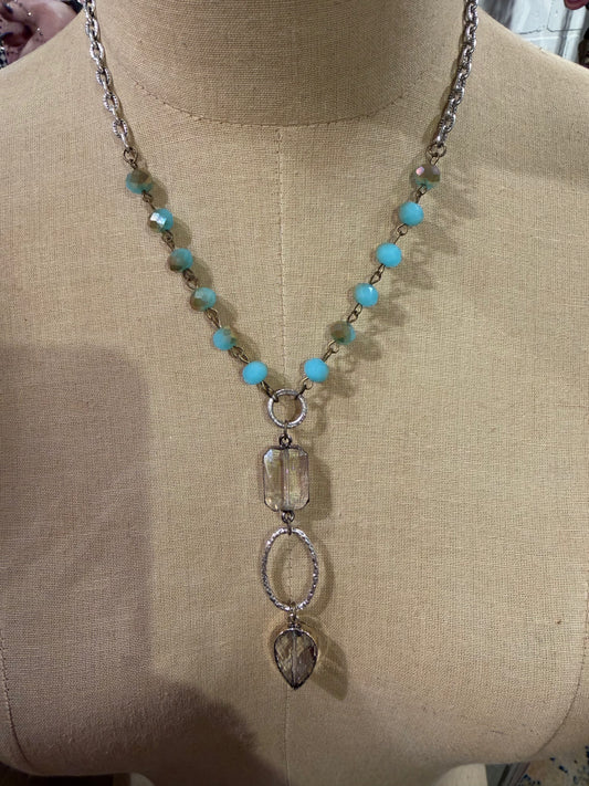 Blue Bead Clear Drop Necklace