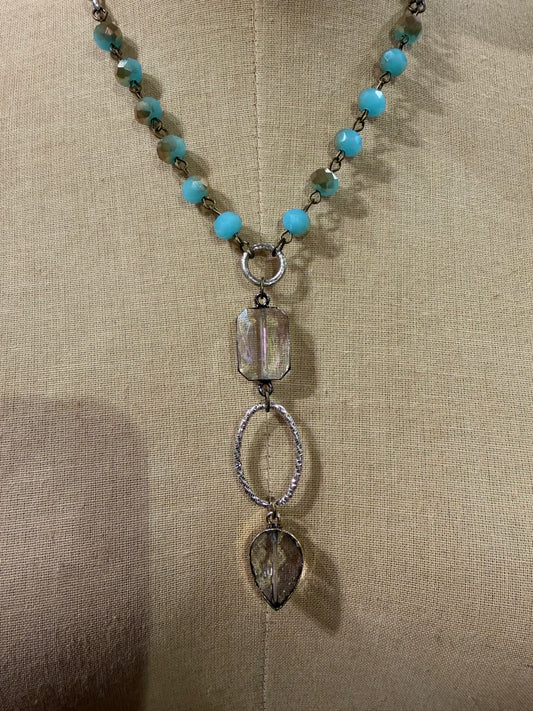 Blue Bead Clear Drop Necklace