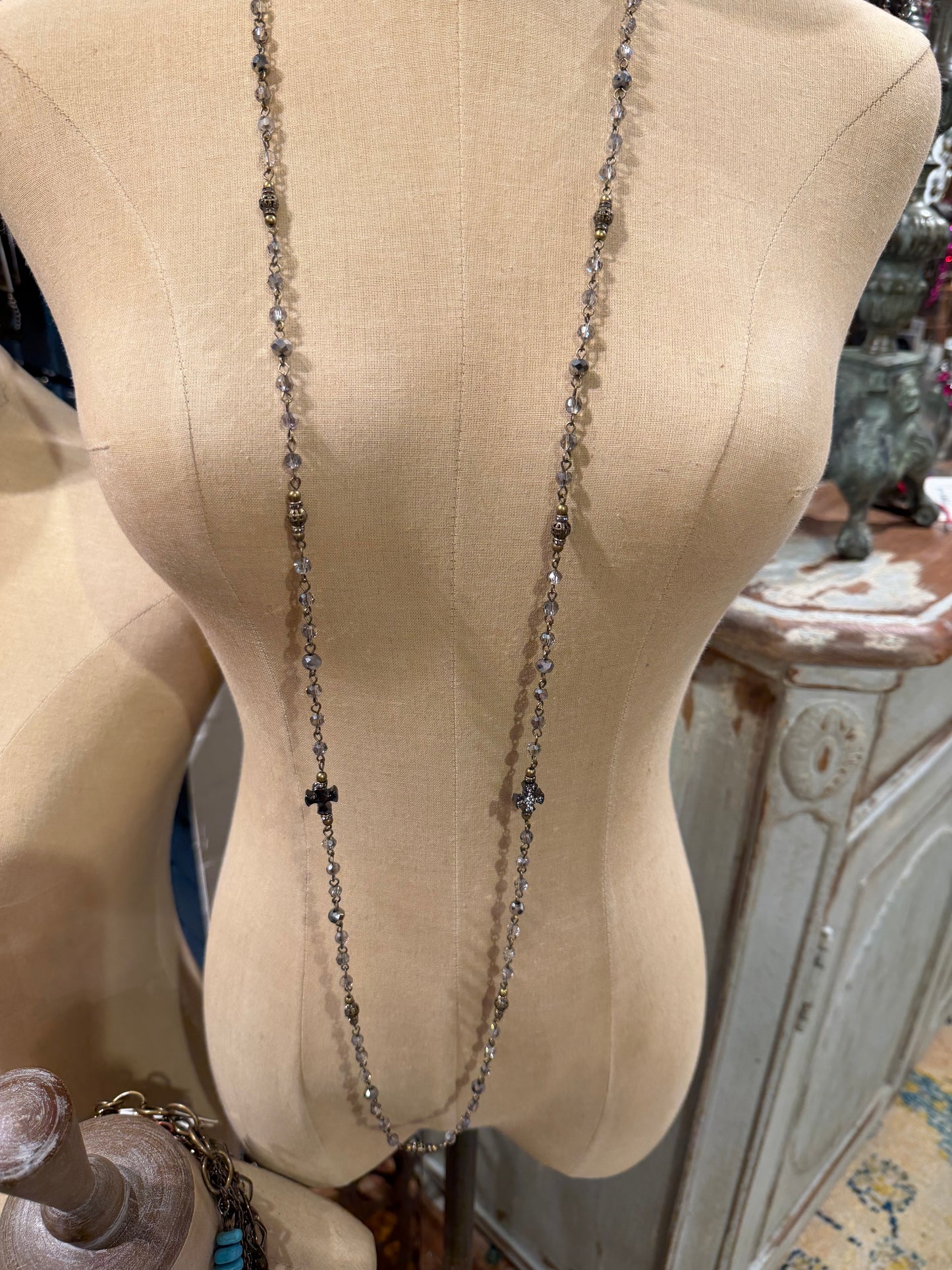 Grey Beaded With Cross Necklace