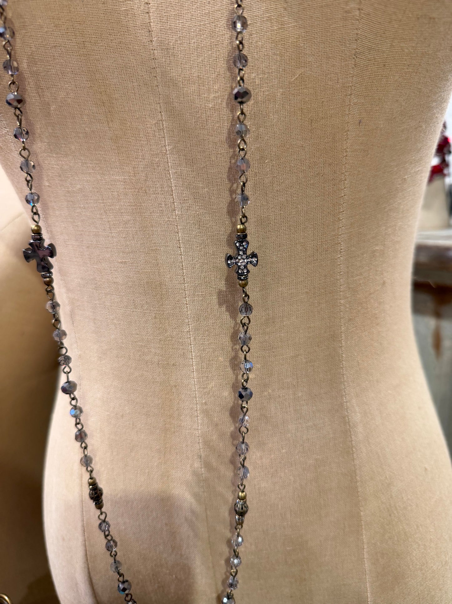 Grey Beaded With Cross Necklace
