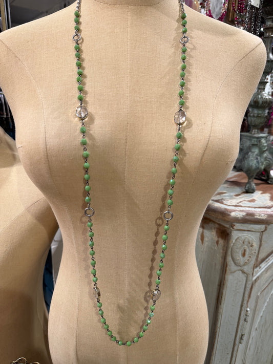 Green And Clear Crystal Long Necklace