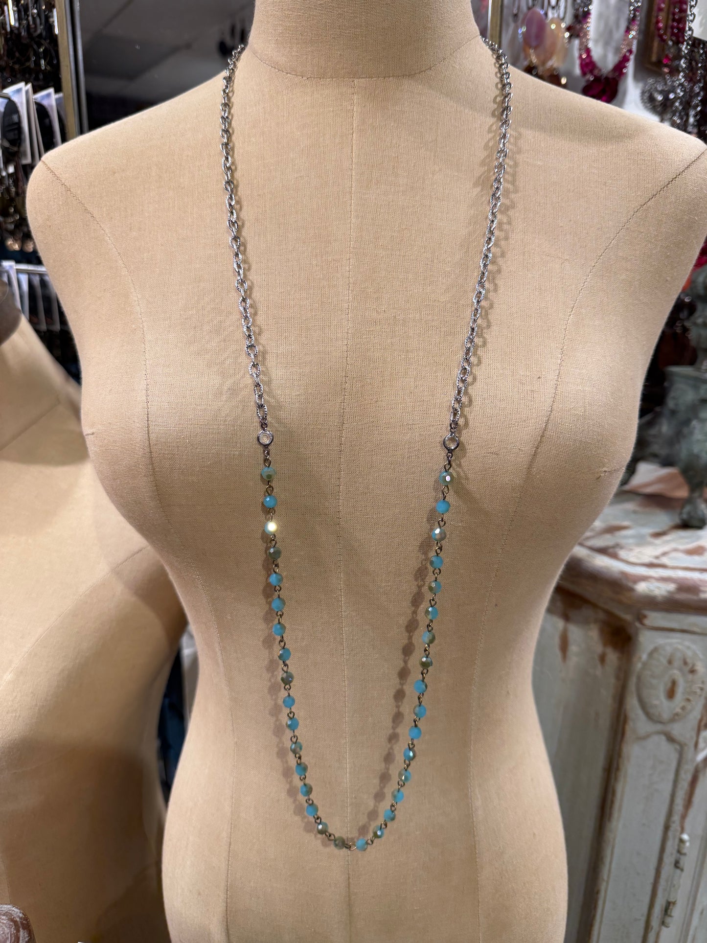 Blue Bead & Silver Long Necklace