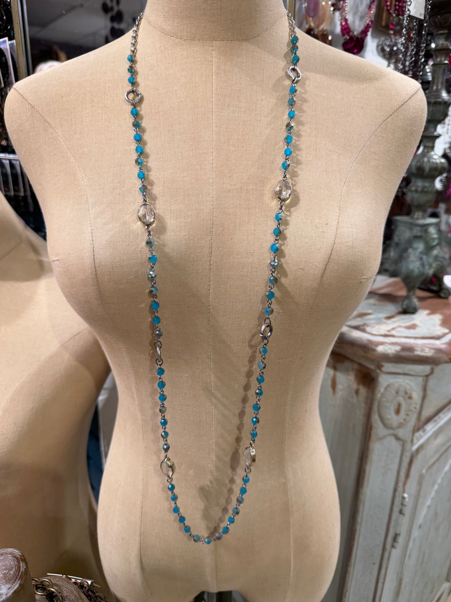 Mix Blue Bead & Clear Stone Necklace