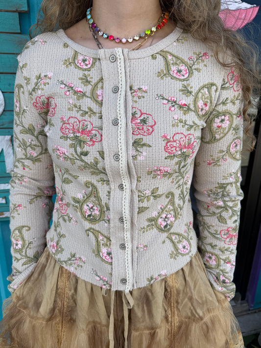 Vintage Floral Botanical Print Ribbed Knit Button Cardigan