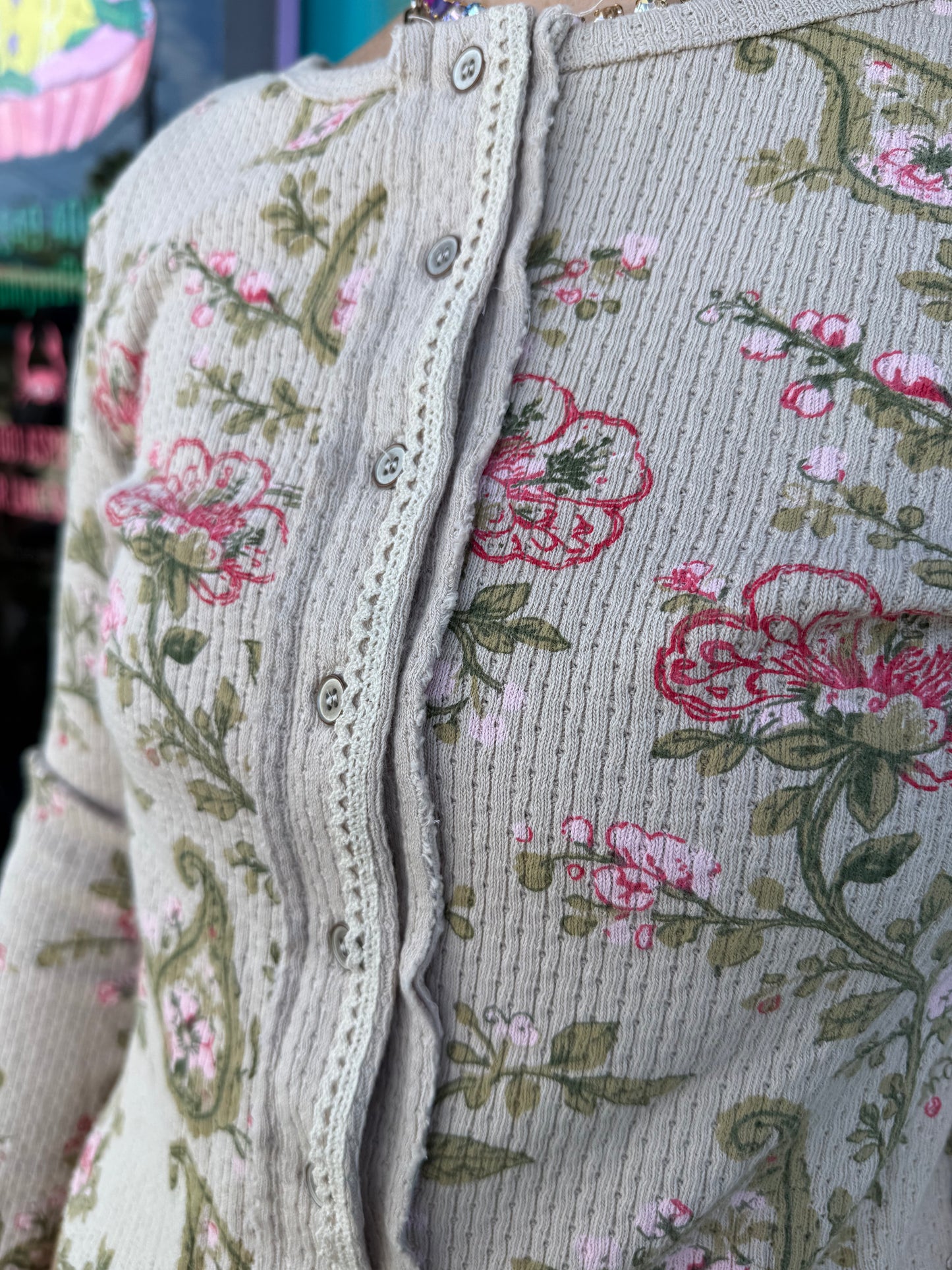 Vintage Floral Botanical Print Ribbed Knit Button Cardigan