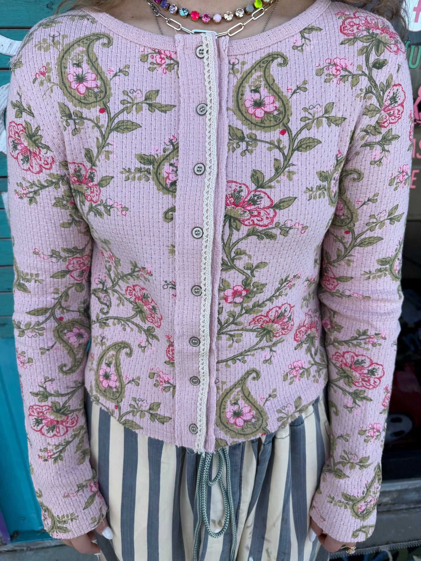 Vintage Floral Botanical Print Ribbed Knit Button Cardigan