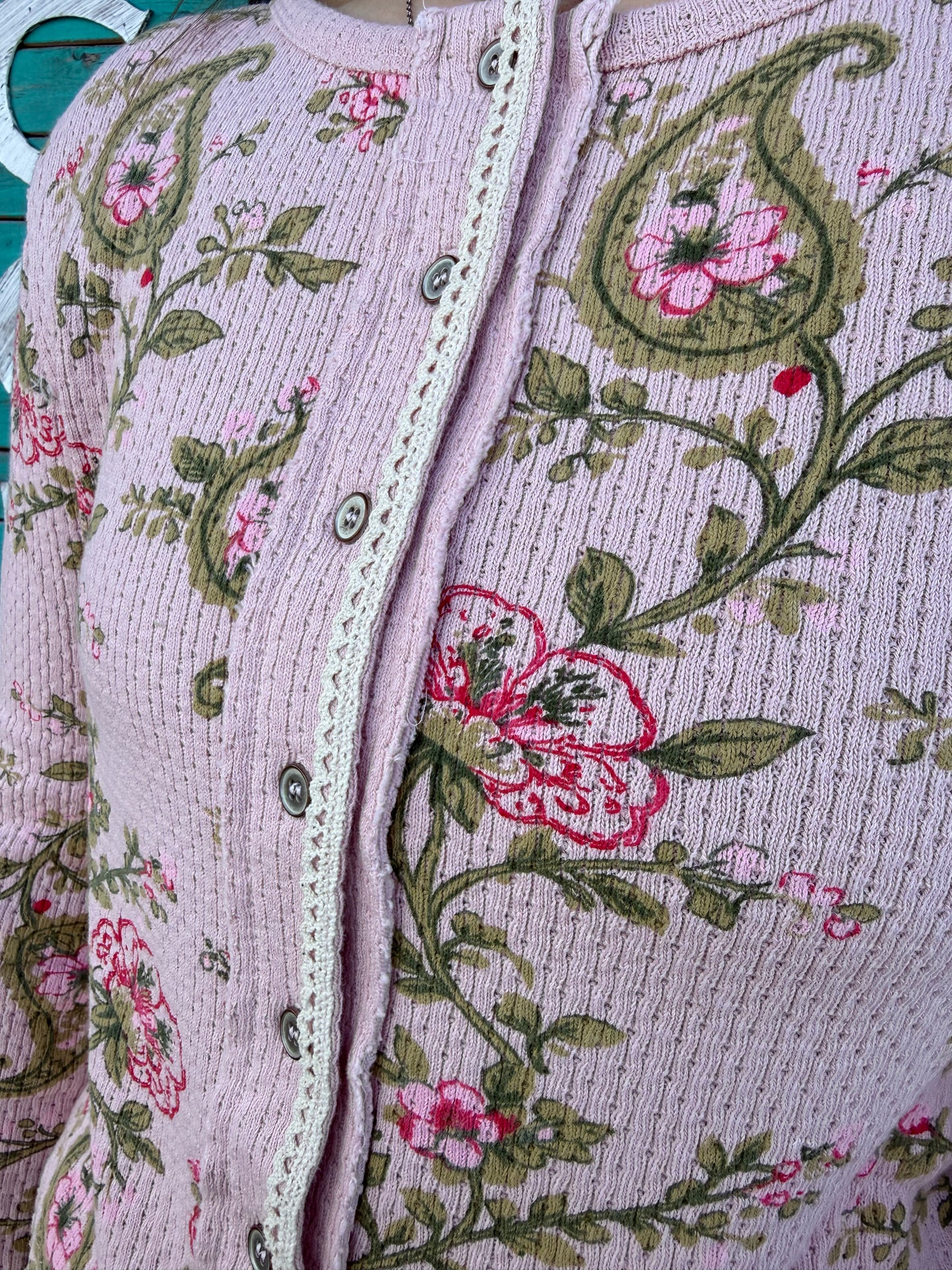 Vintage Floral Botanical Print Ribbed Knit Button Cardigan