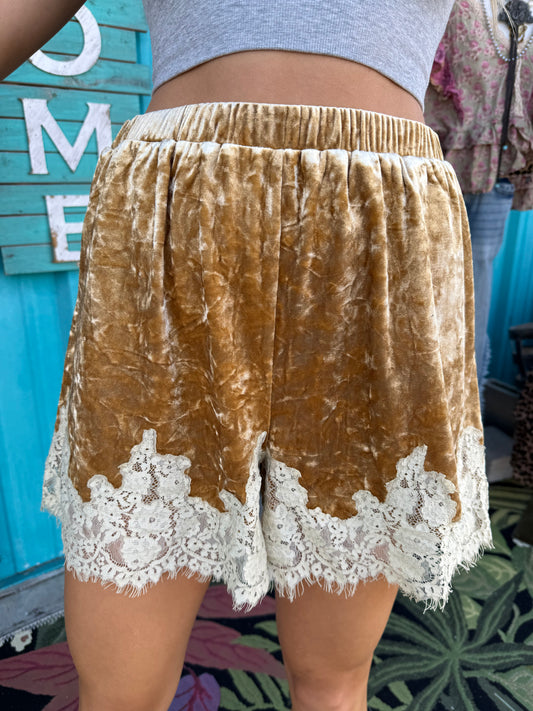 CRUSHED VELVET LACE TRIM SHORTS