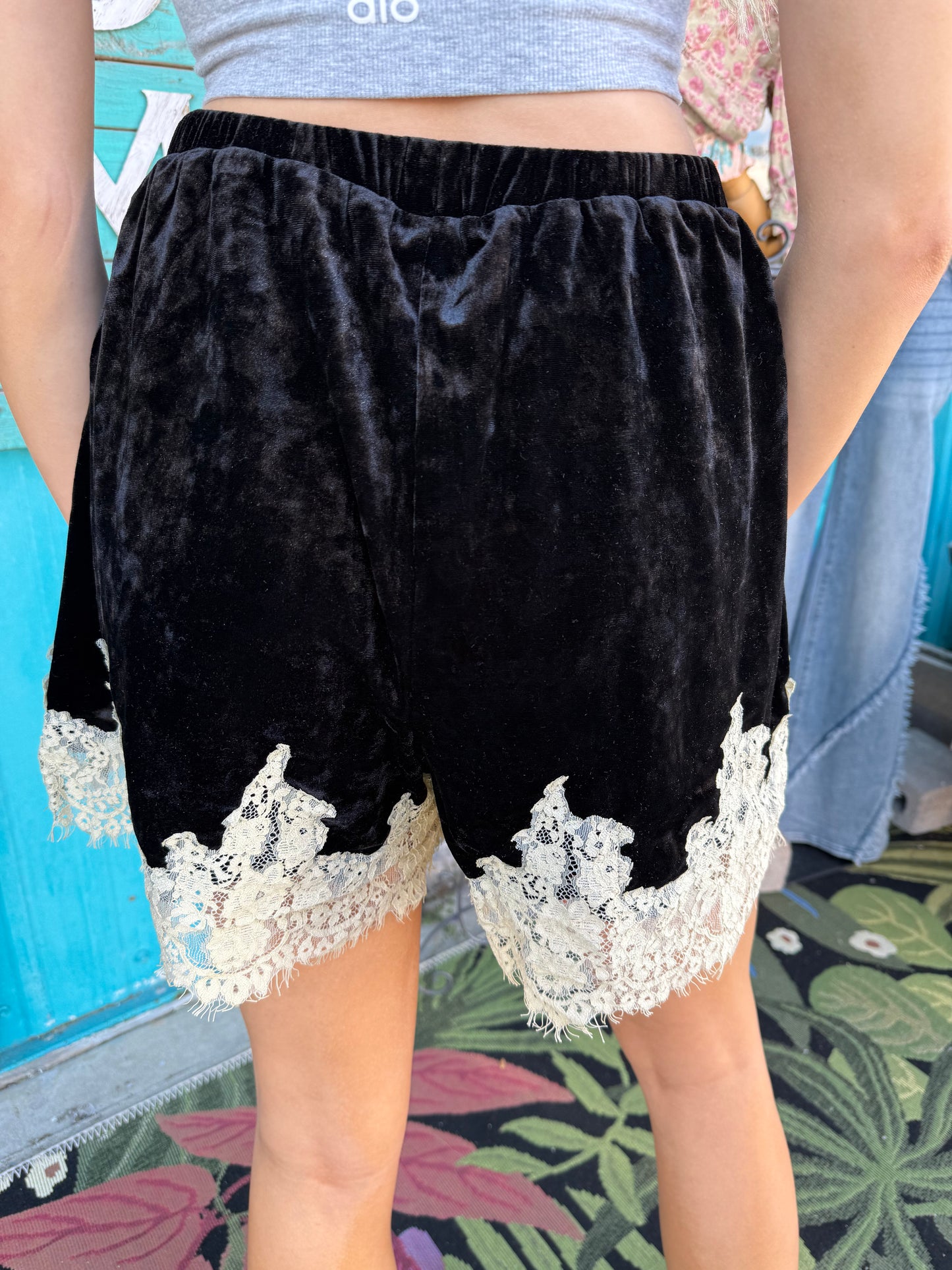 CRUSHED VELVET LACE TRIM SHORTS