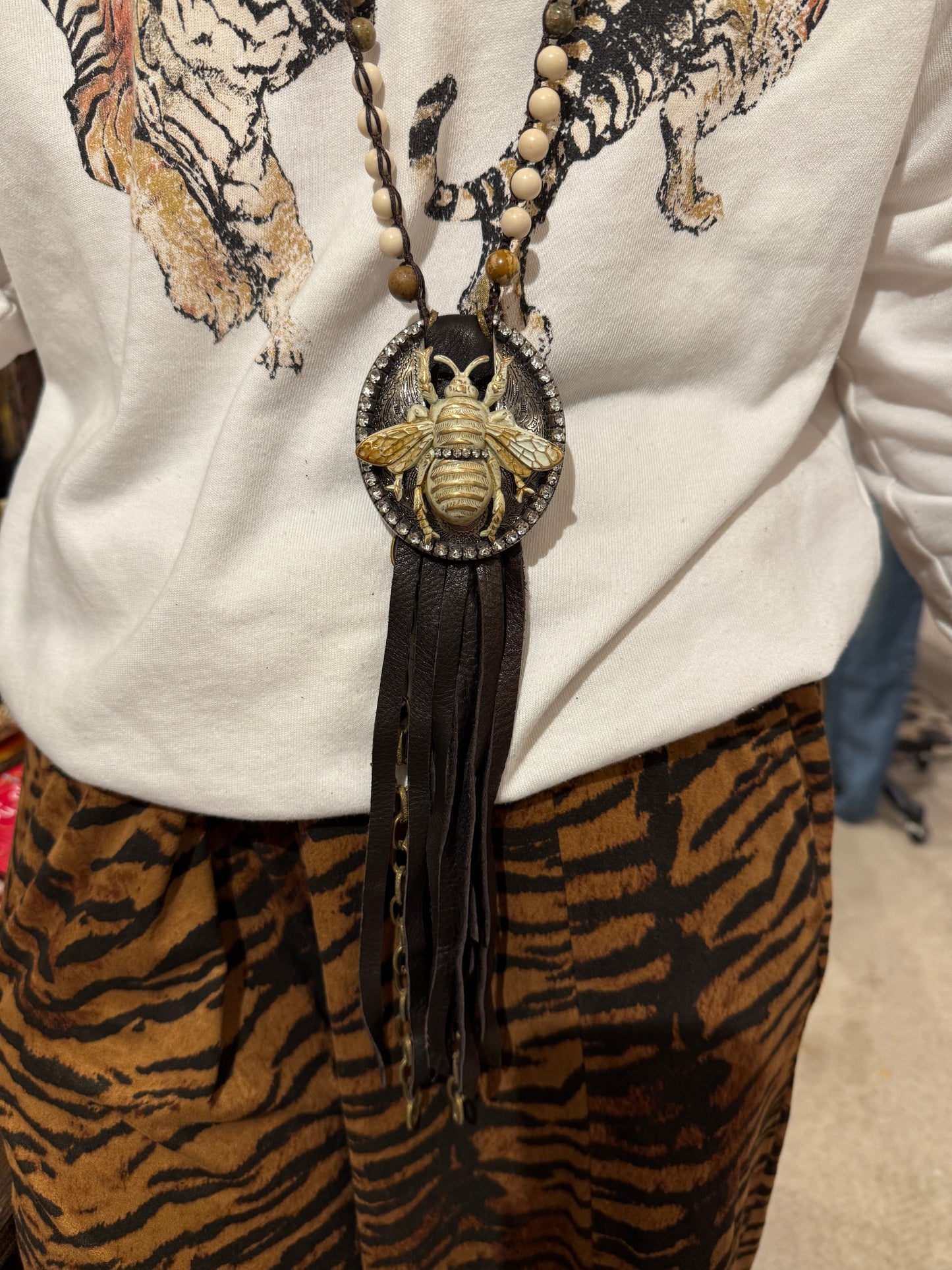 Vintage Leather Bumblebee Necklace
