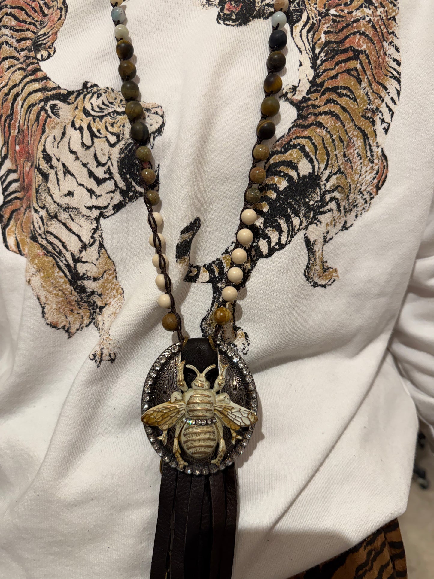 Vintage Leather Bumblebee Necklace