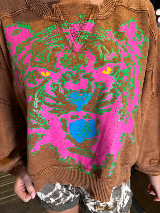 Brown Cropped Boxy Tiger Sweatshirt